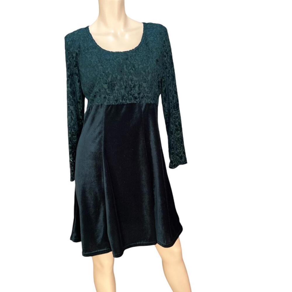 Vintage Mallory Malloy Green Velour Dress 10P Lace Goblincore Whimsigoth